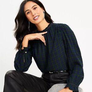 Plaid Ruched Ruffle Neck Blouse